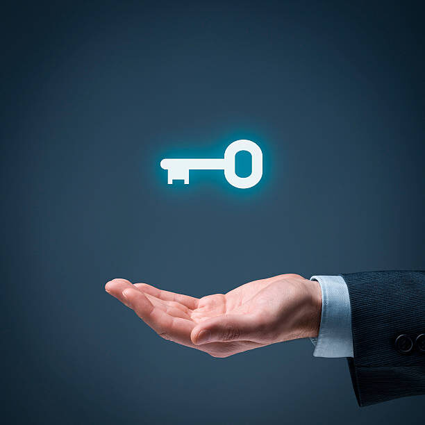 Businessman (consultant, coach, leader, CEO or another business person) offer key to success. Turnkey solution and services concept.